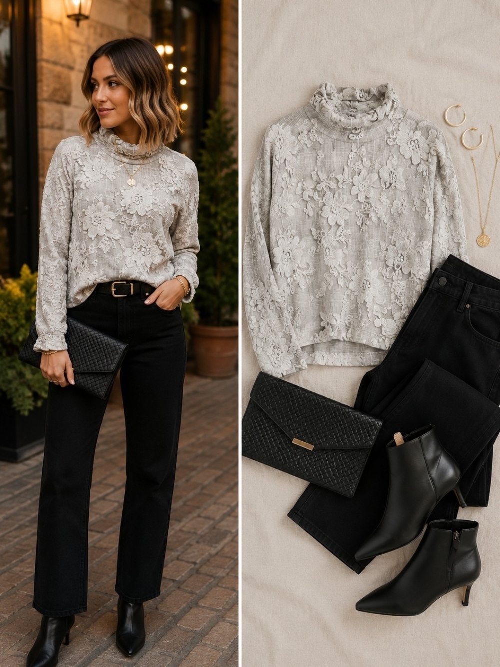 Quiet Luxury Floral Mock Neck Top L Beige Taupe Romantic Old Money Long Sleeve